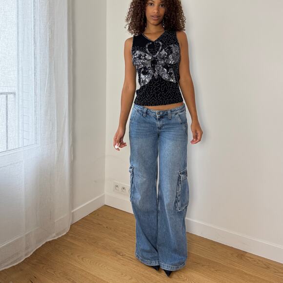 Vintage Euro black mesh sequin butterfly top (Small) - Picture 2 of 7